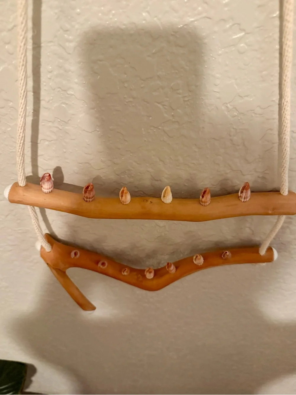 Driftwood And Rope Wall Hanging With Seashell Hooks For Jewelry